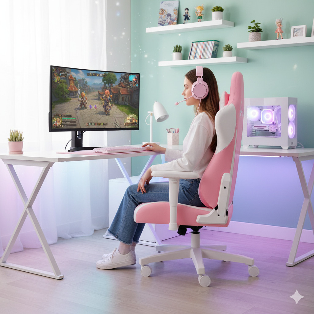 Chaise de Gaming Ergonomique Rose avec Oreilles de Lapin et Assise Large – OverChair Bunny Edition