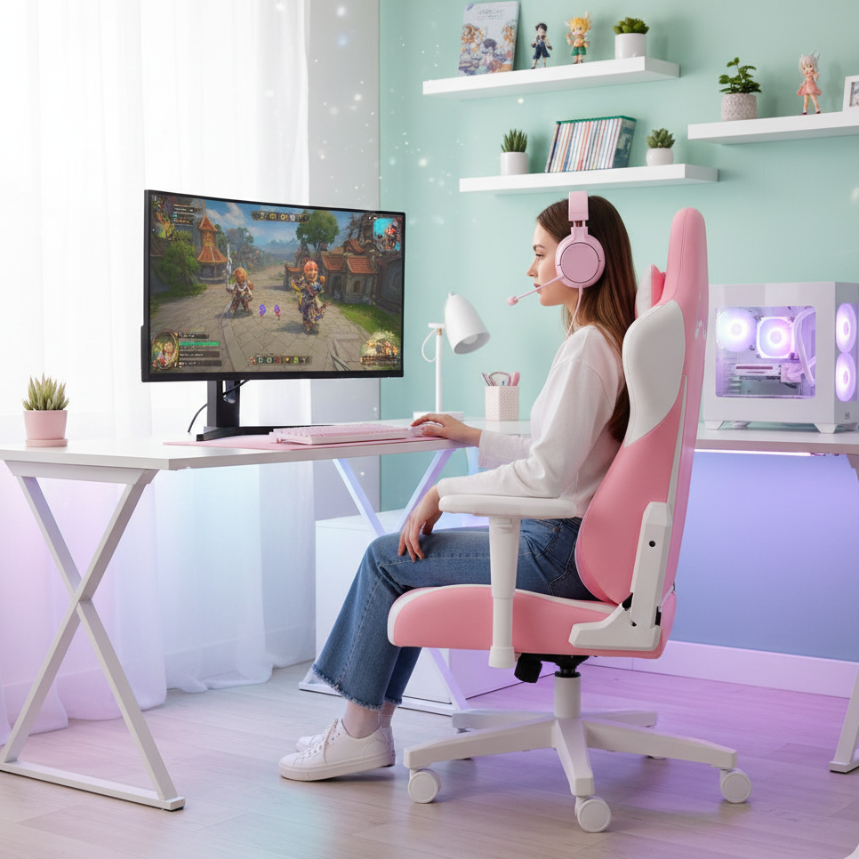 Chaise de Gaming Ergonomique Rose avec Oreilles de Lapin et Assise Large – OverChair Bunny Edition